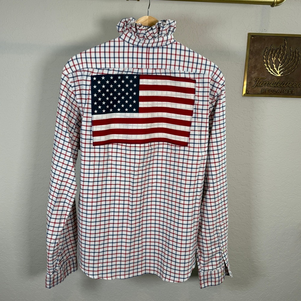 Ralph Lauren Ruffle Collar Tattersall Check American Flag Patch Shirt Womens L - Picture 9 of 10
